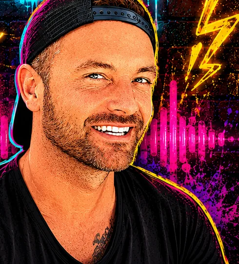 Ben Barnack im Pop-Art-Stil, lächelnd mit Cap vor Neon-Soundwellen und Blitz-Graffiti